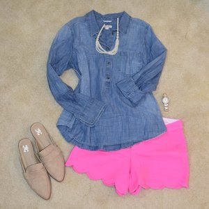 Merona Quarter Button Long Sleeve Blue Jean Shirt